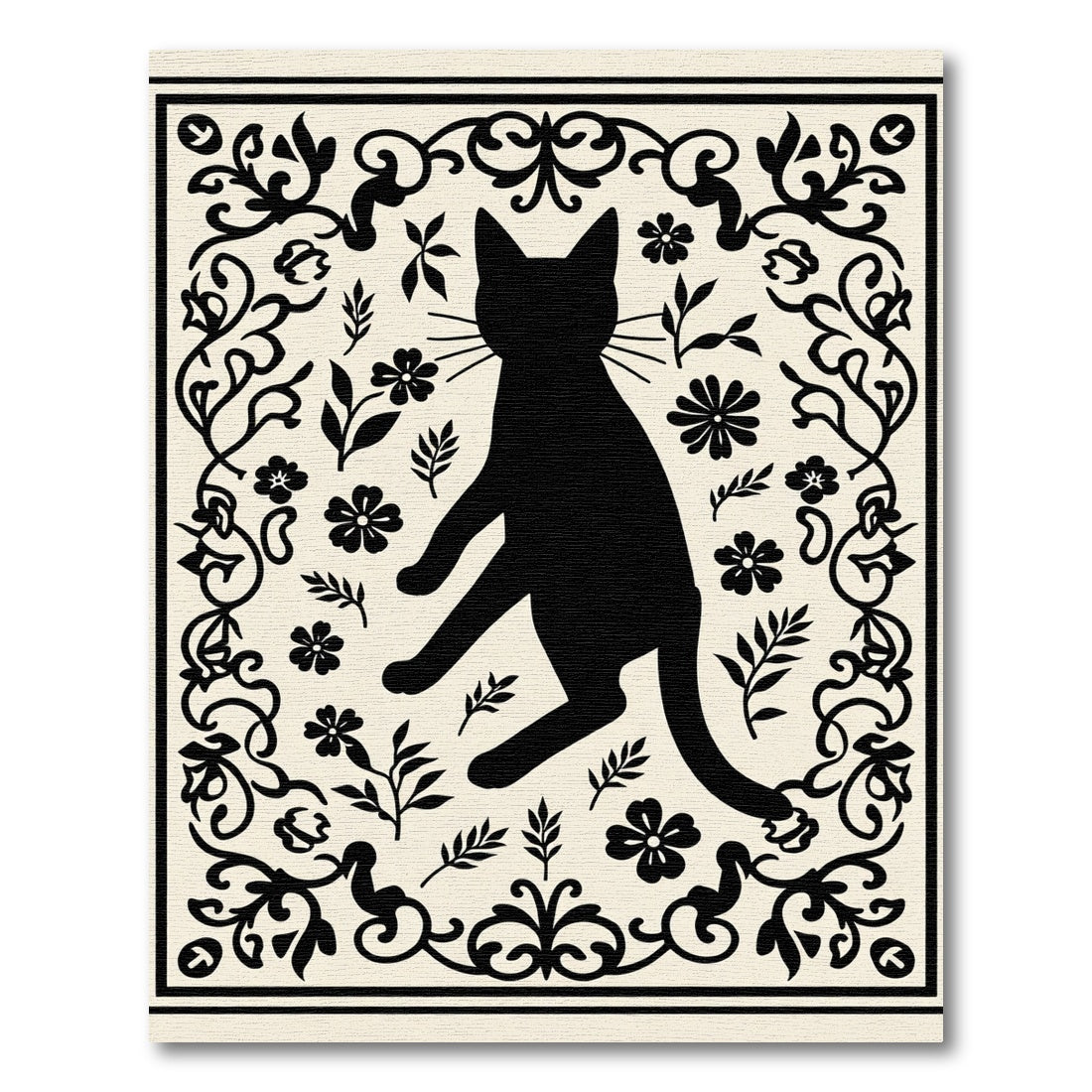 Black Cat Floral Vine Border Design Rug