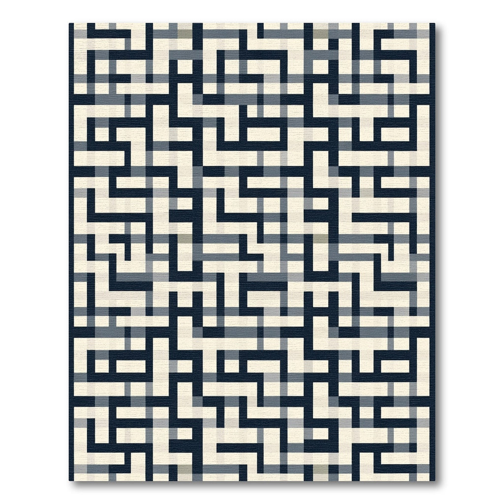 Modern Blue Black Geometric Maze Rug