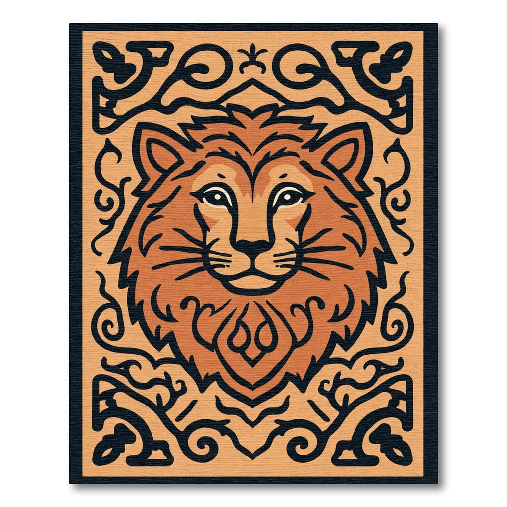 Bold Orange Lion Tribal Frame Rug