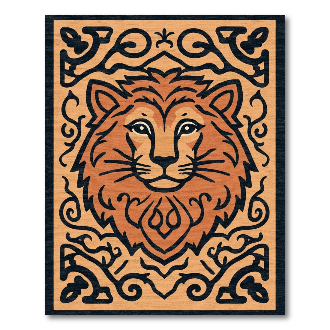 Bold Orange Lion Tribal Frame Rug