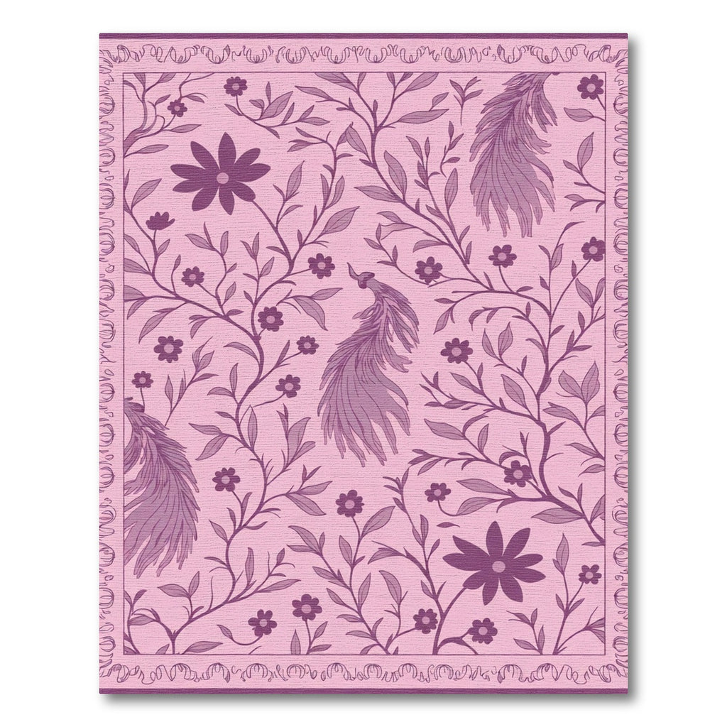 Fuchsia Peacock Floral Vine Border Rug