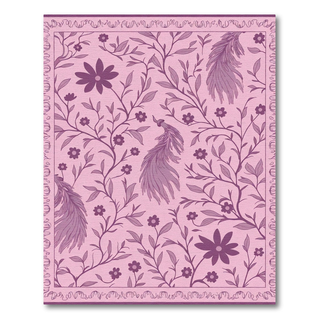 Fuchsia Peacock Floral Vine Border Rug