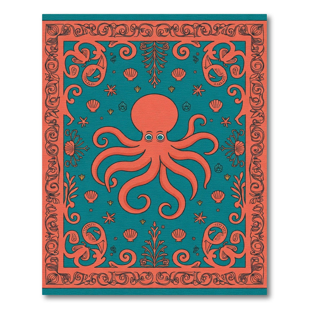 Coral Octopus Teal Coastal Frame Rug