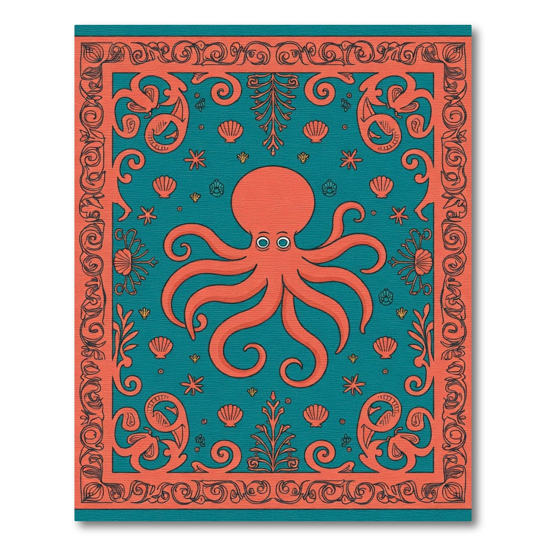 Coral Octopus Teal Coastal Frame Rug