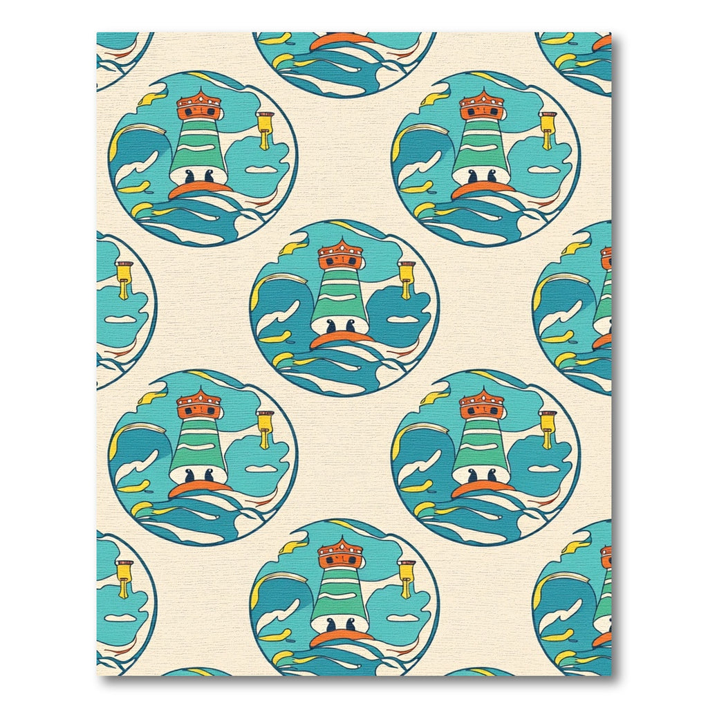 Whimsical Lighthouse Ocean Waves Medallion Rug