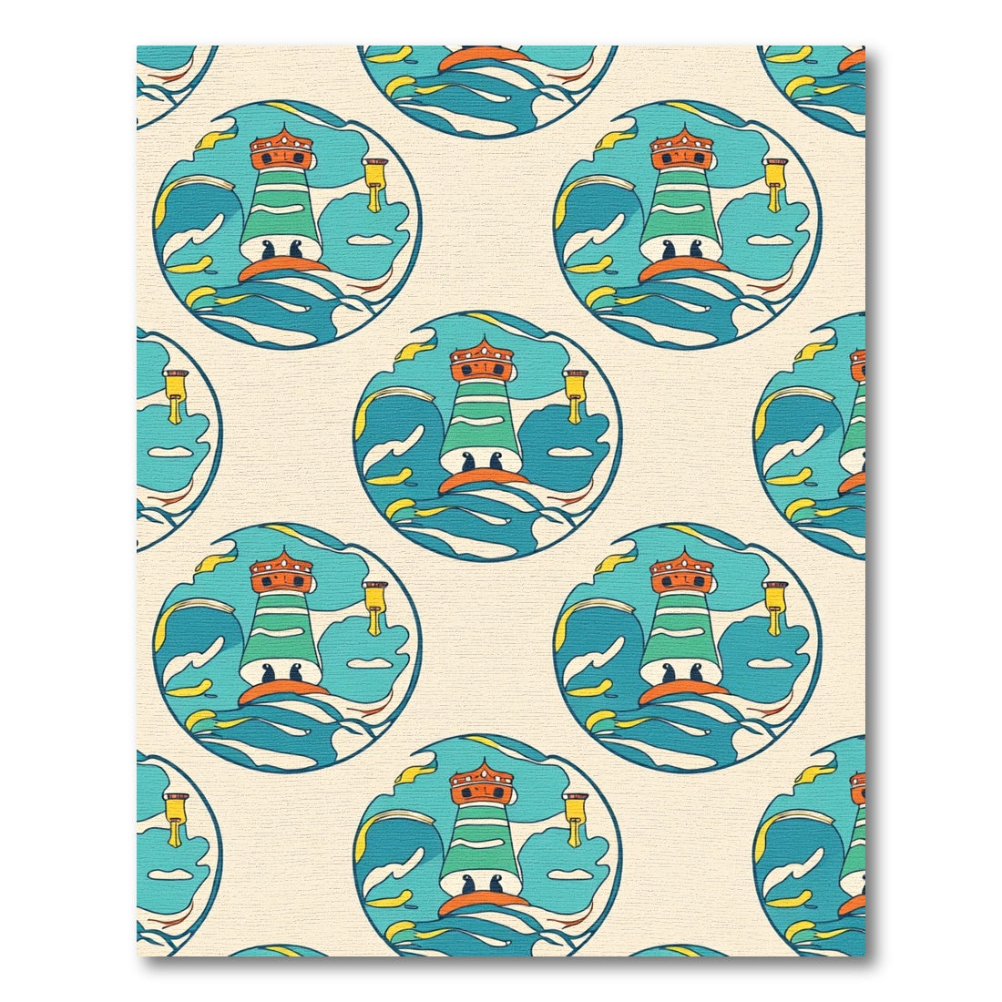 Whimsical Lighthouse Ocean Waves Medallion Rug