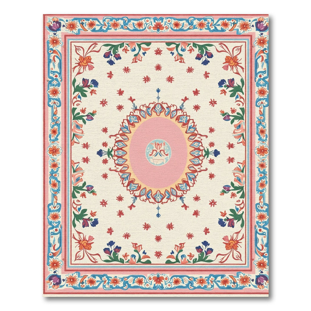 Pink Ochre Blooming Garden Frame Rug