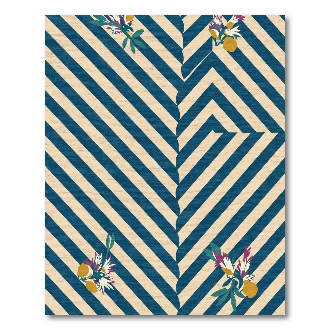 Navy Cream Diagonal Stripe Floral Rug