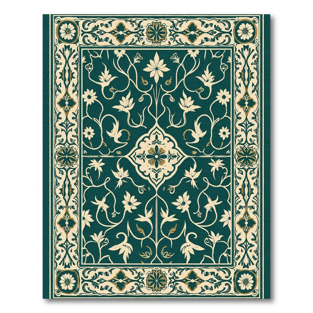 Deep Teal Floral Vine Medallion Rug