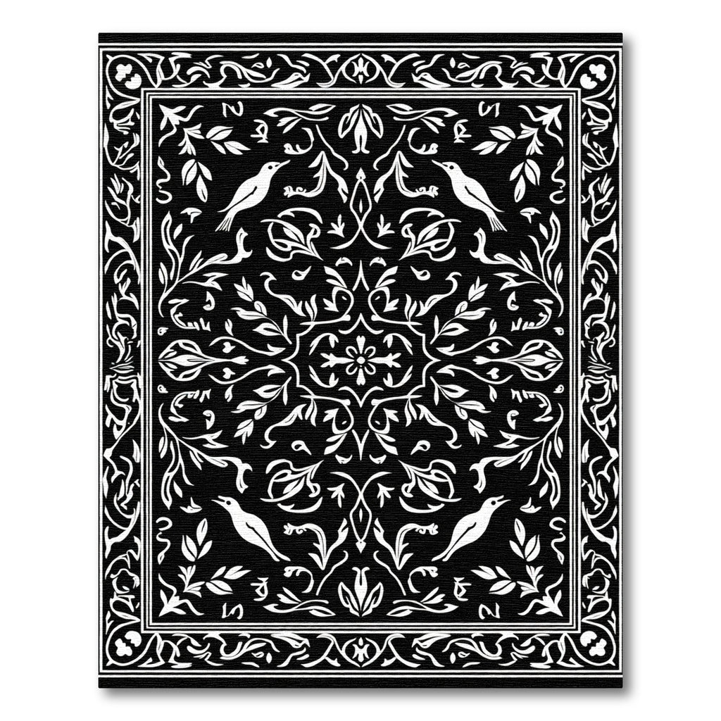 Black White Bird Floral Garden Rug