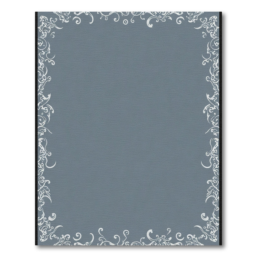 Ornate White Scrollwork Blue Border Rug