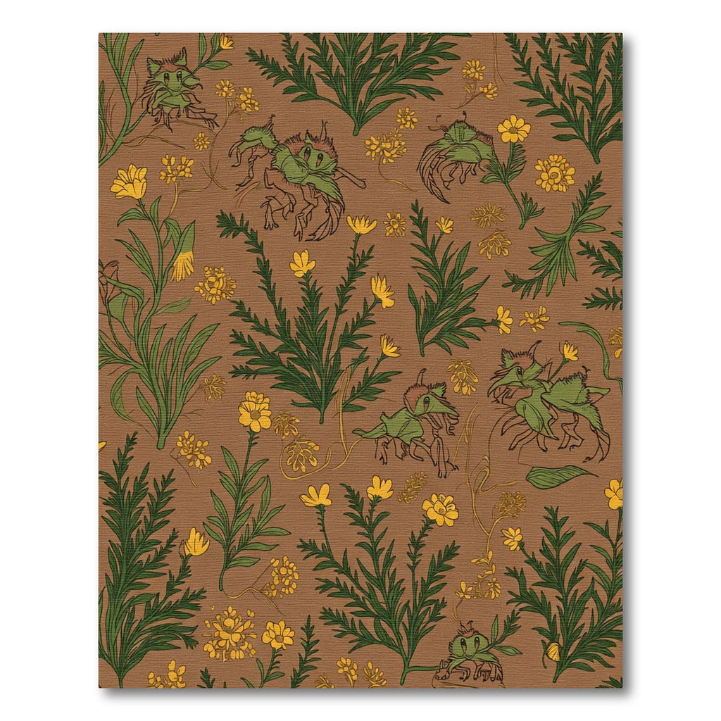Whimsical Green Critter Yellow Floral Field Rug