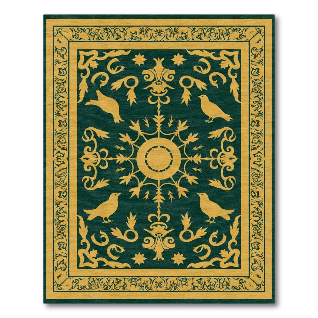 Golden Birds Emerald Scrollwork Rug