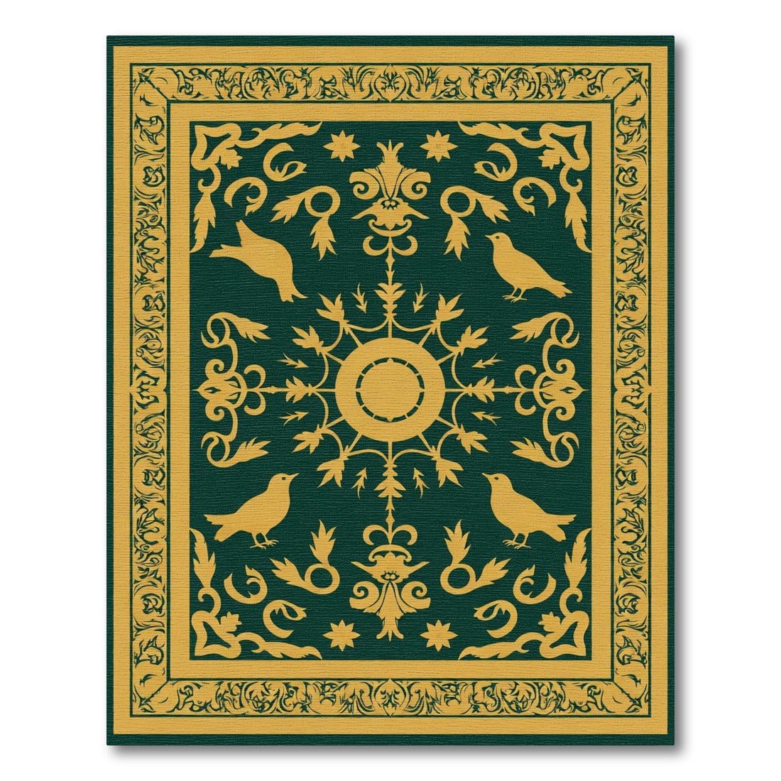 Golden Birds Emerald Scrollwork Rug