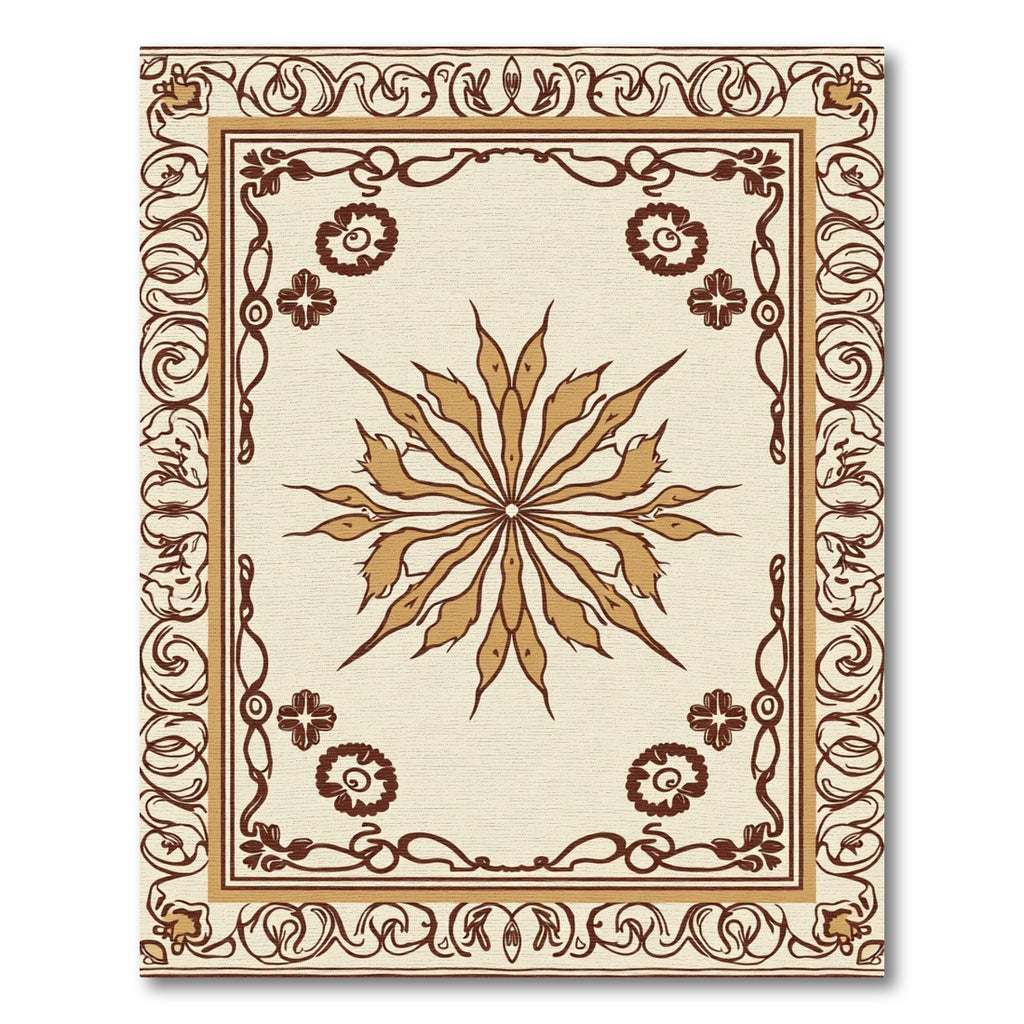 Cream Brown Floral Sunburst Border Rug
