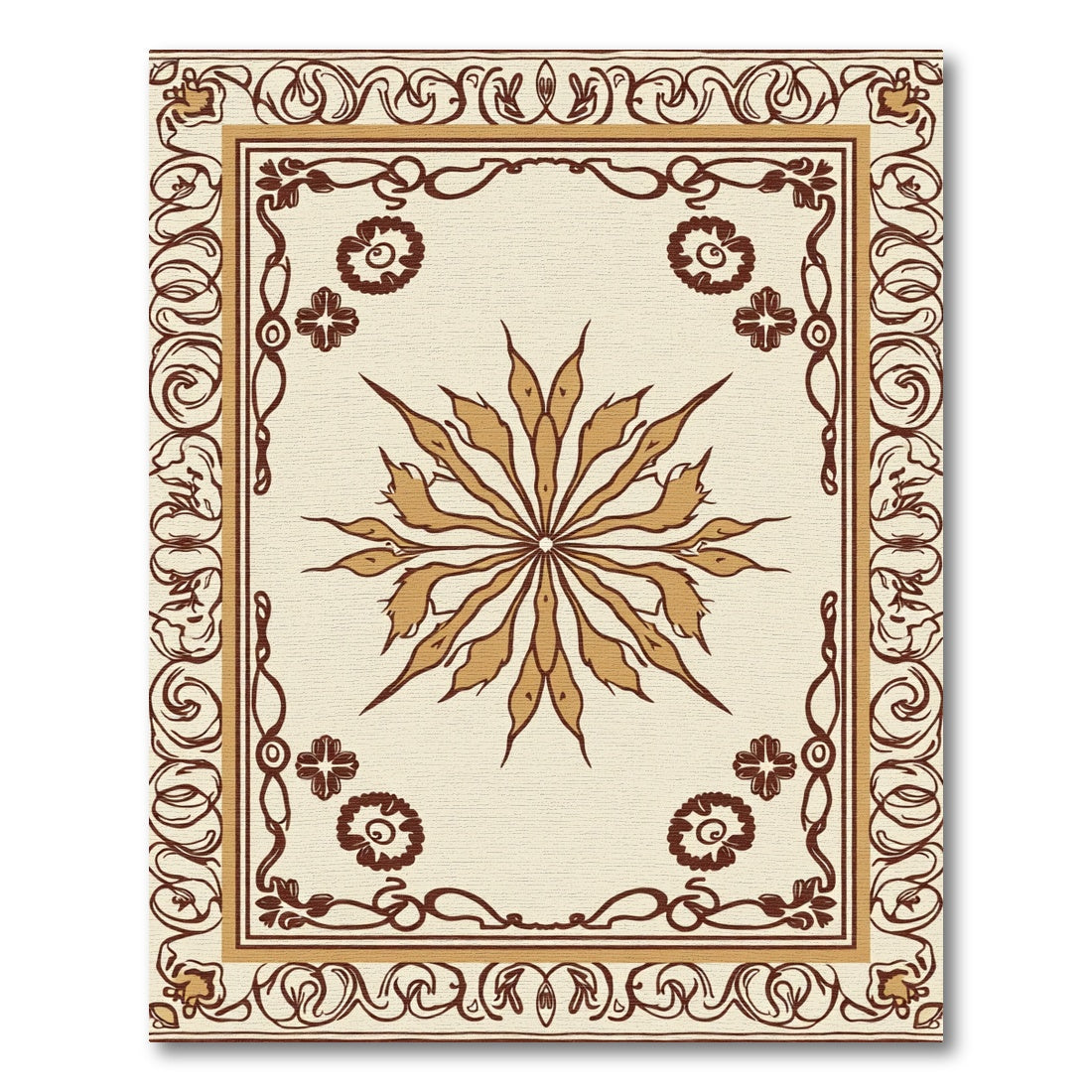 Cream Brown Floral Sunburst Border Rug