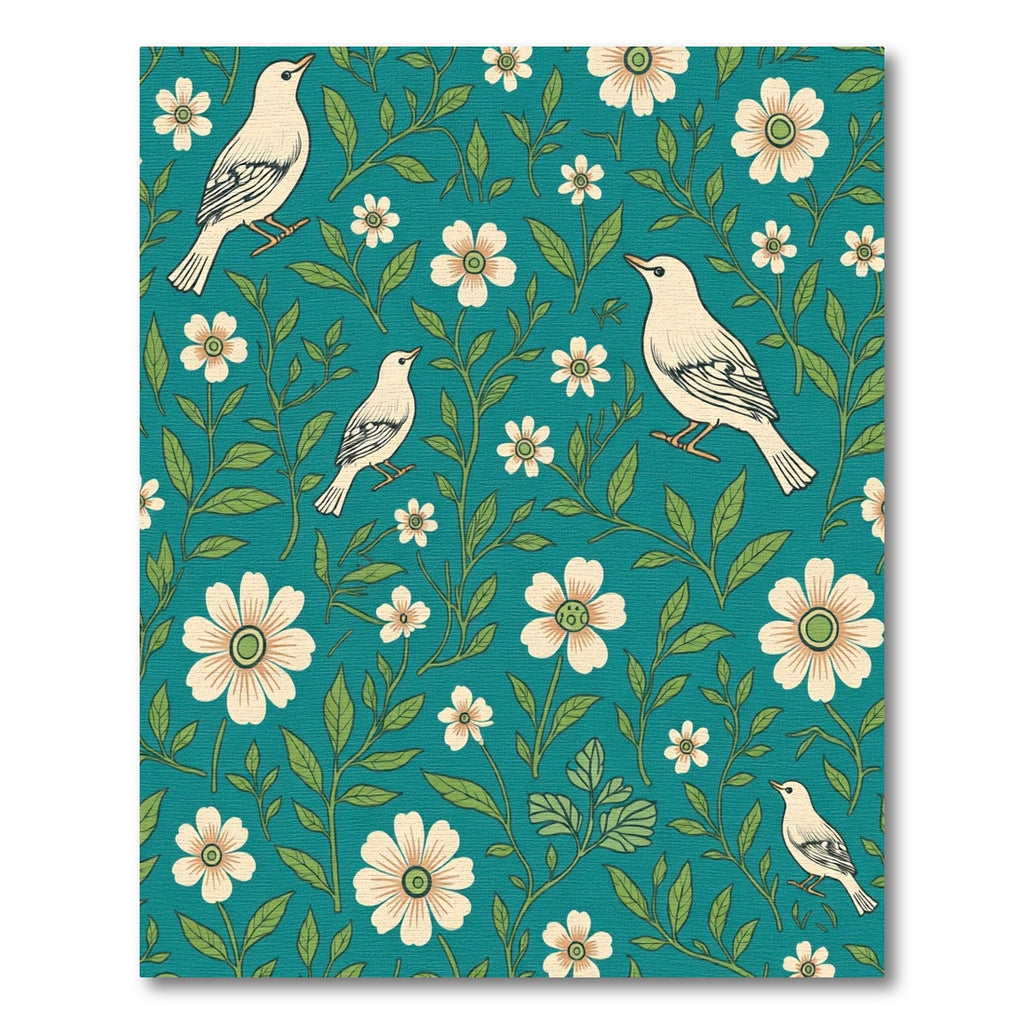 Teal Cream Bird Floral Garden Rug