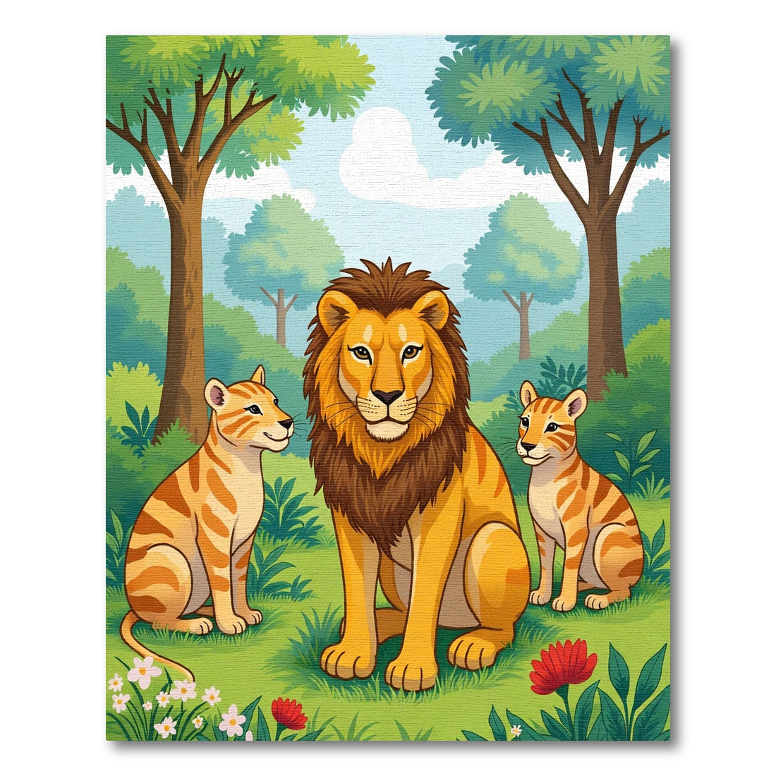 Golden Lion Family Jungle Scene Rug