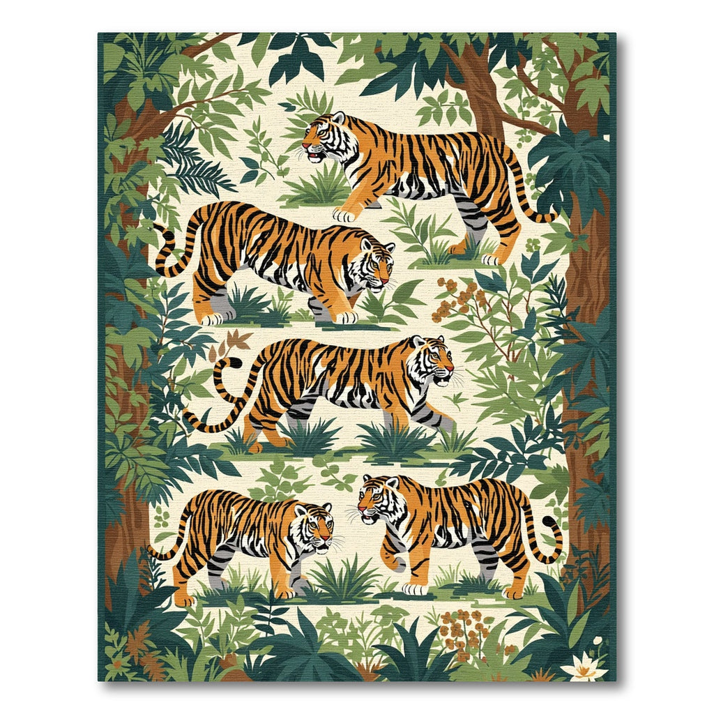 Jungle Tigers Green Foliage Rich Orange Rug