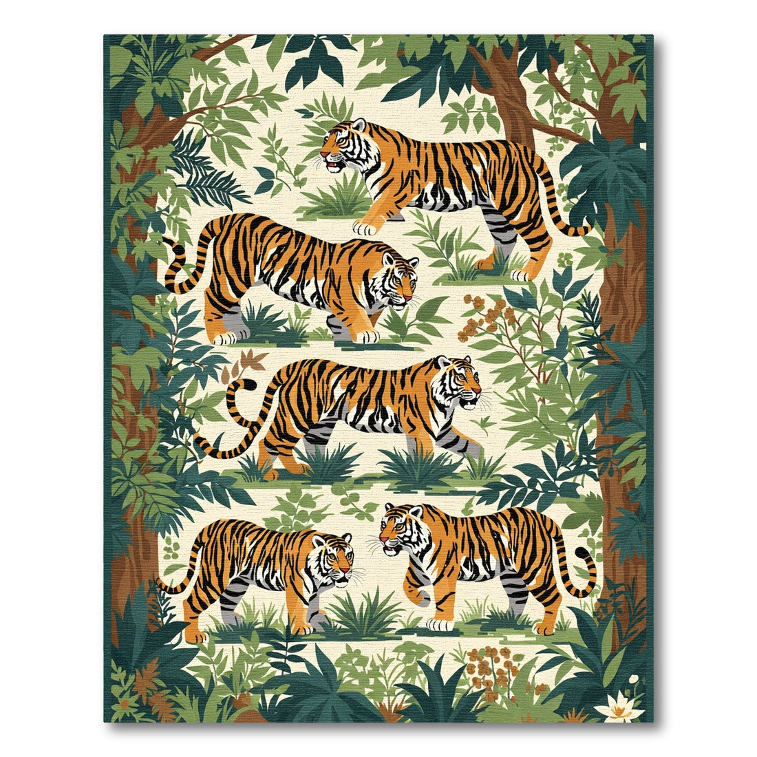 Jungle Tigers Green Foliage Rich Orange Rug