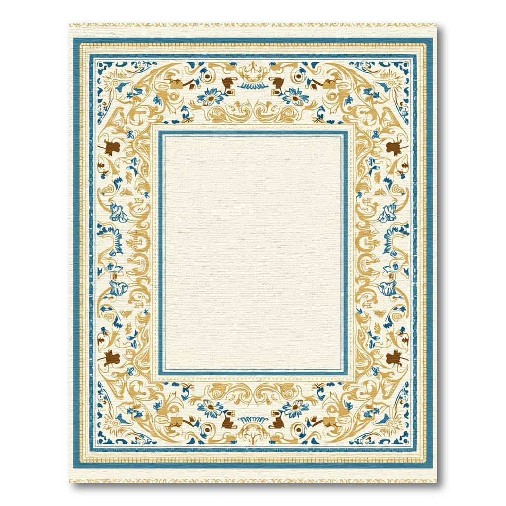 Ornate Blue Gold Floral Border Rug