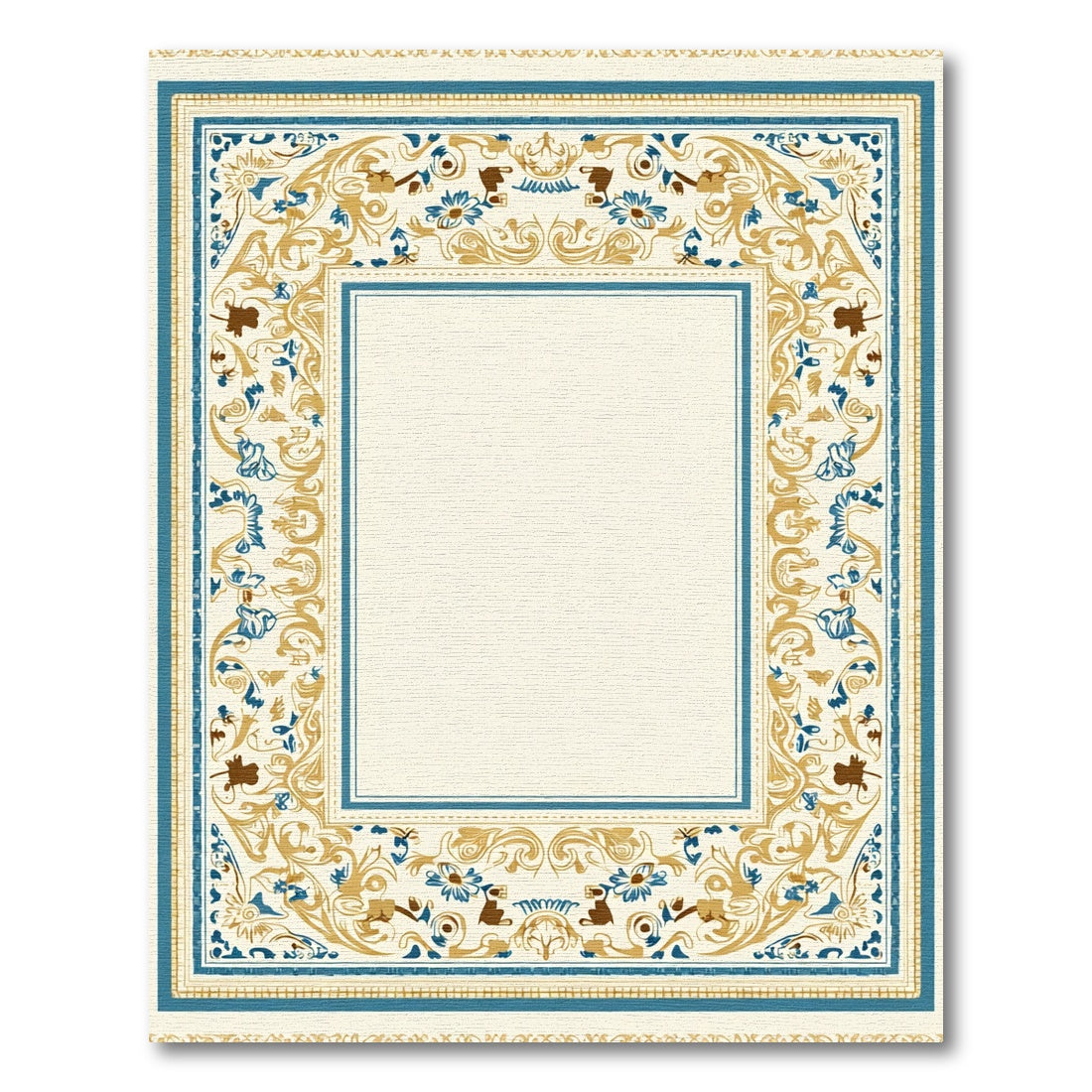 Ornate Blue Gold Floral Border Rug