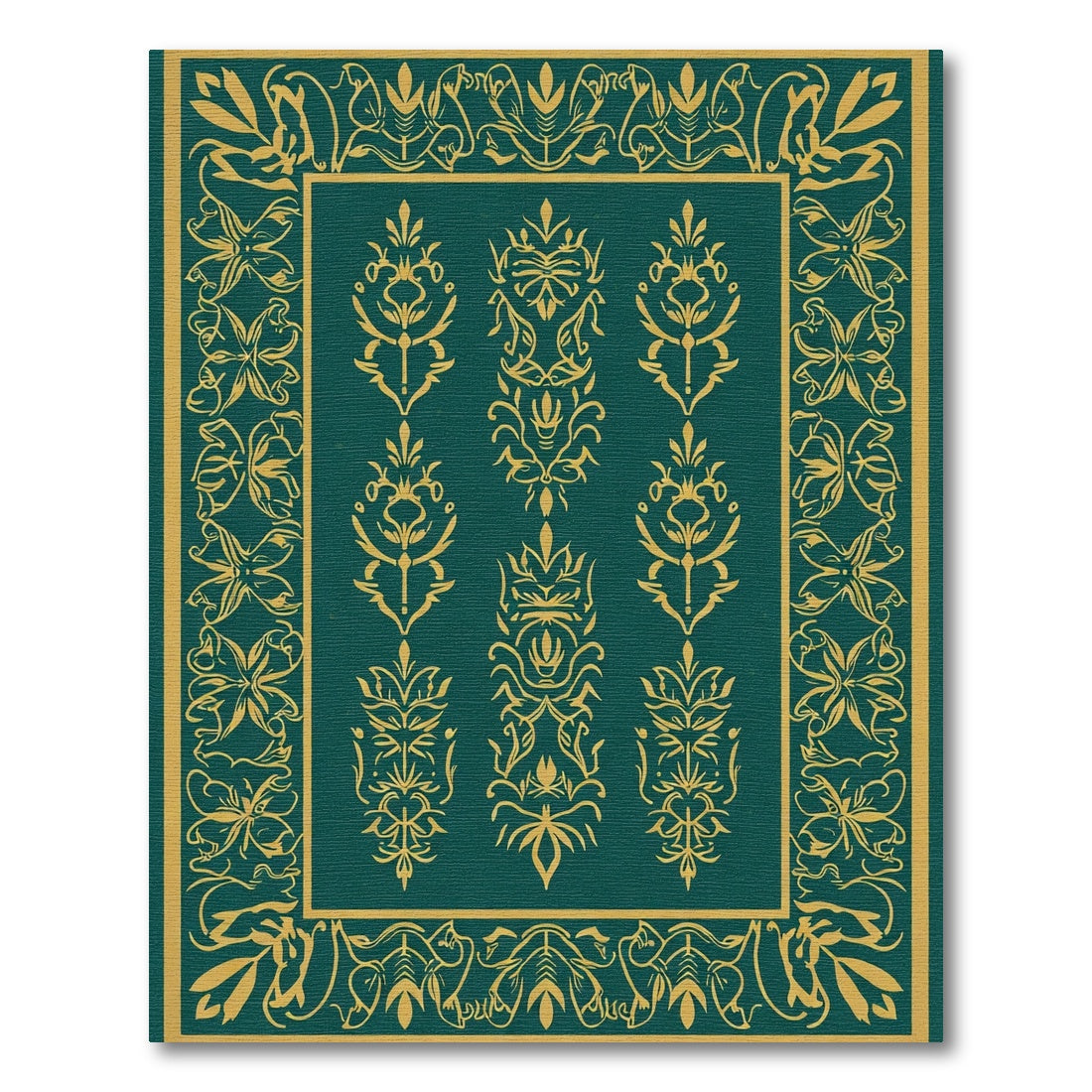 Emerald Gold Floral Damask Frame Rug