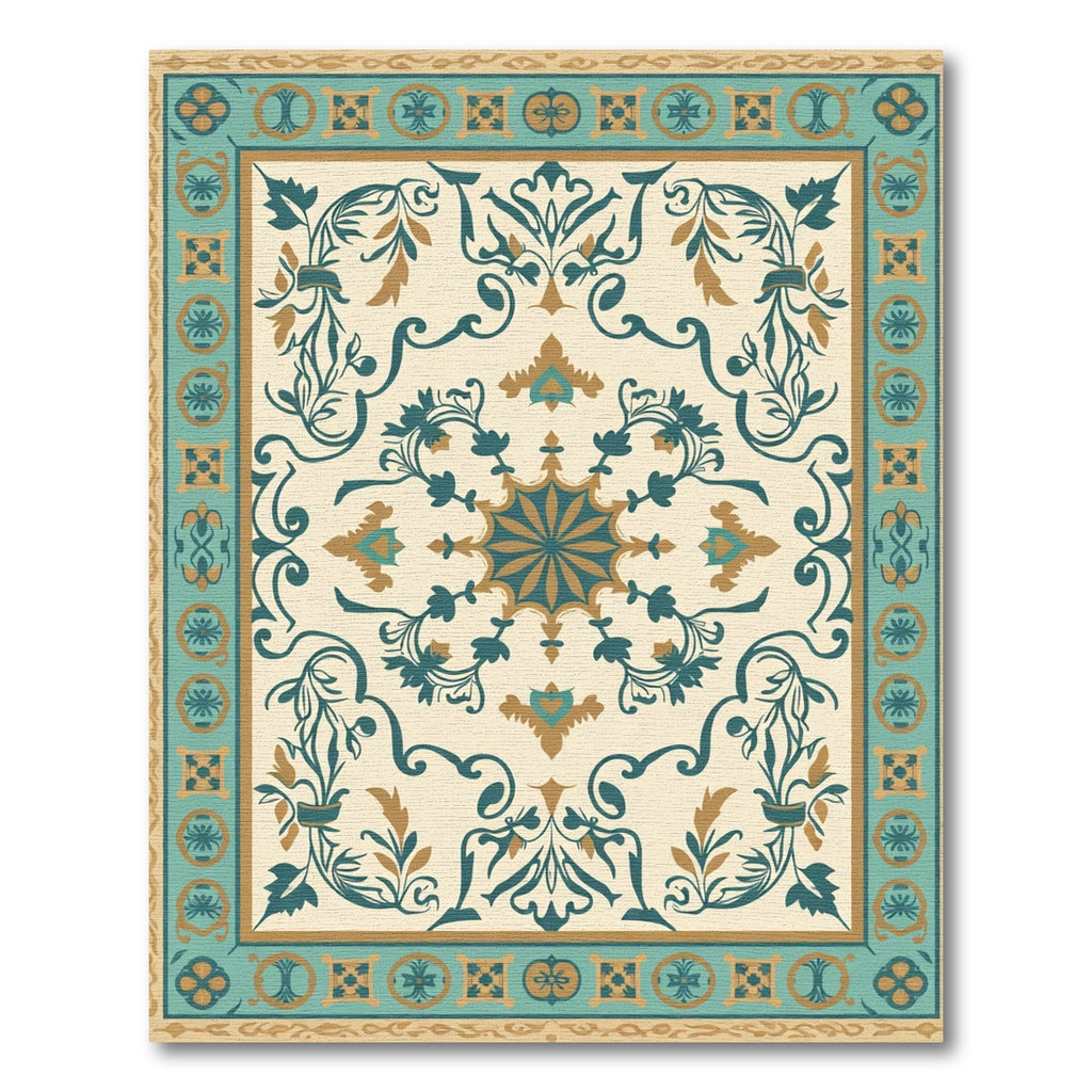 Teal Gold Floral Medallion Cream Border Rug