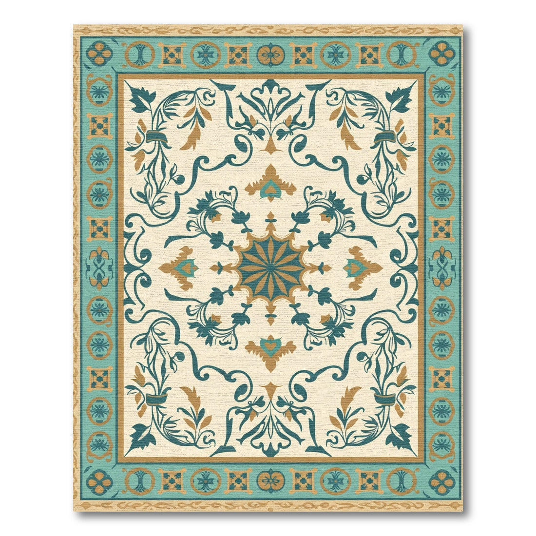 Teal Gold Floral Medallion Cream Border Rug