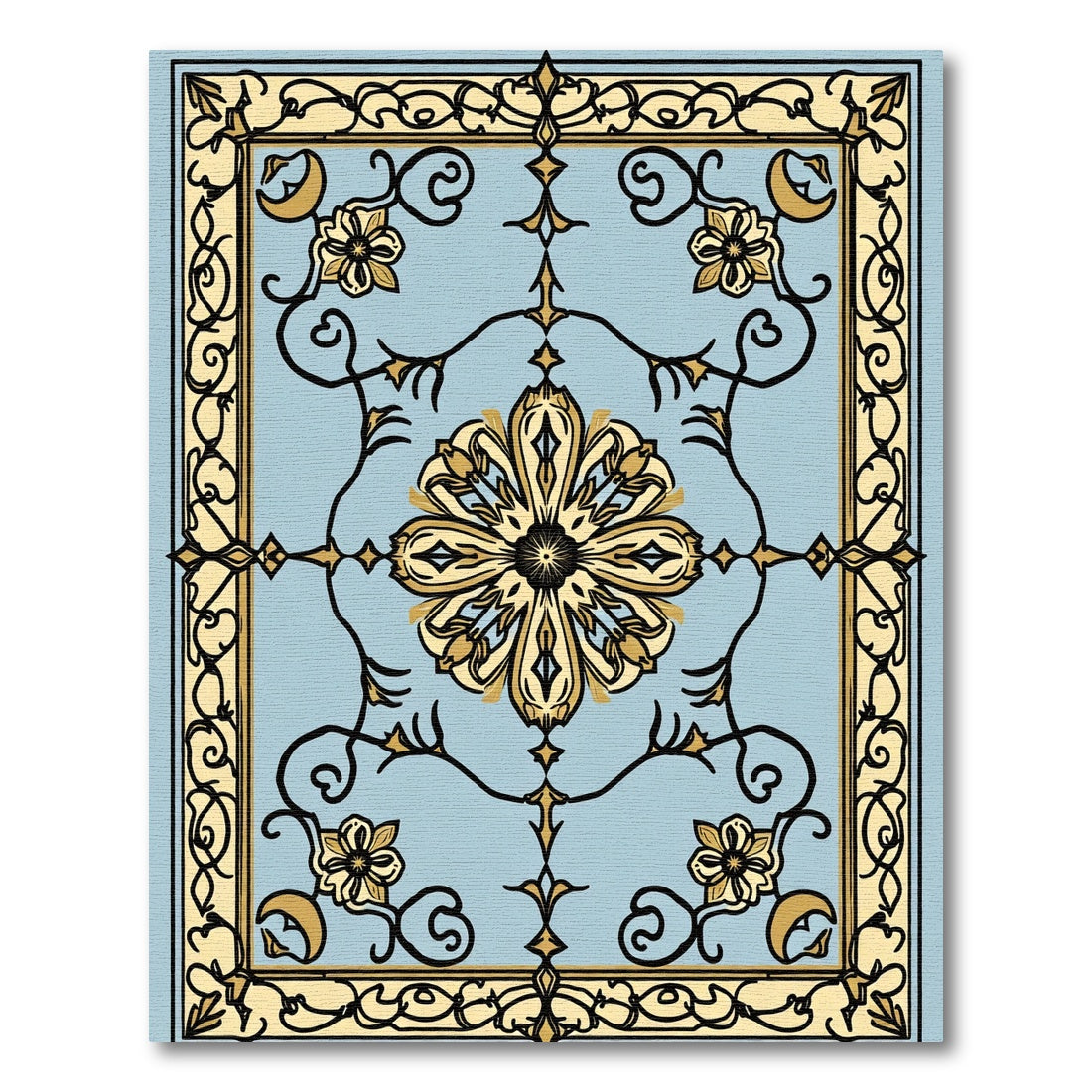 Pale Blue Golden Floral Medallion Rug