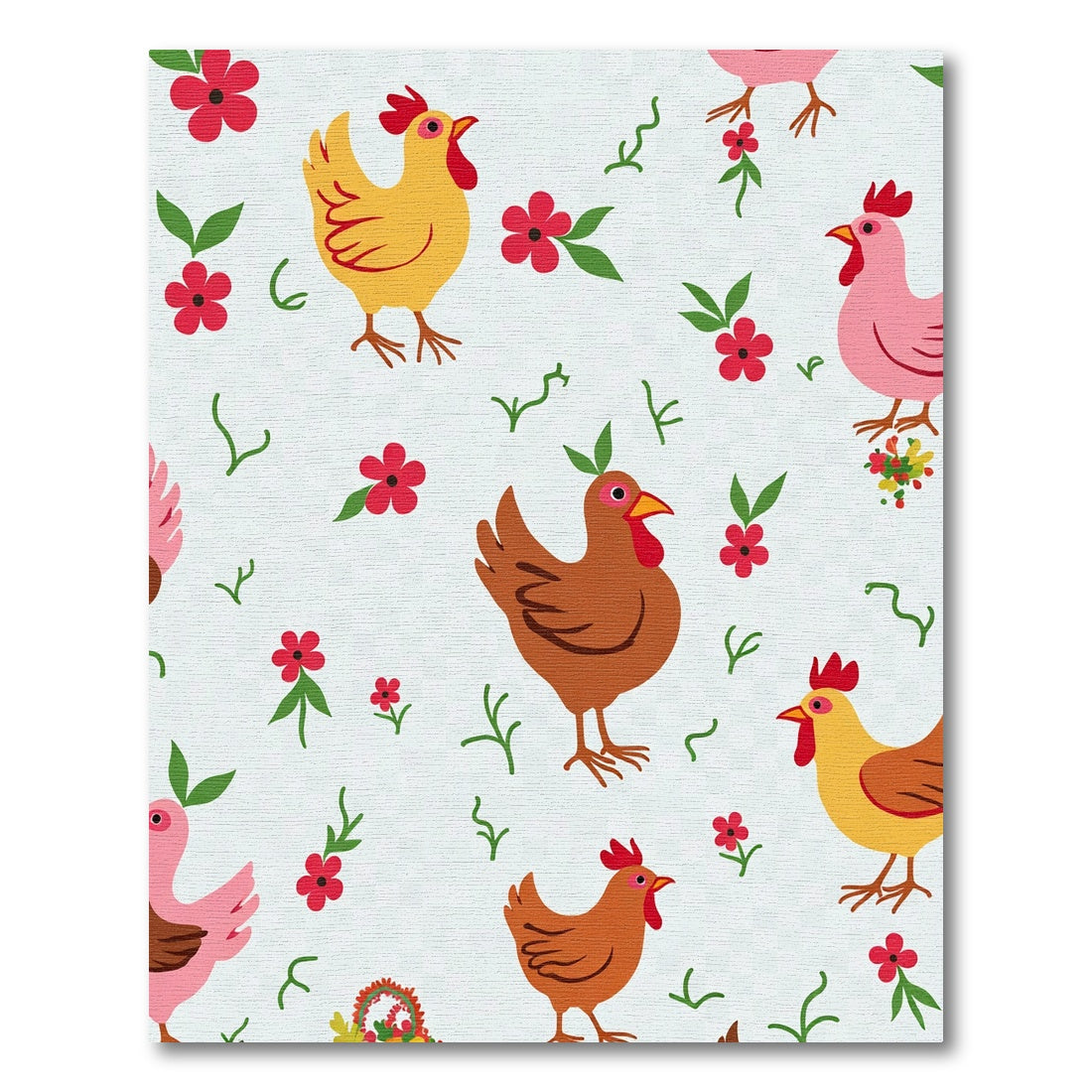 Playful Chickens Red Flowers Garden Background Rug