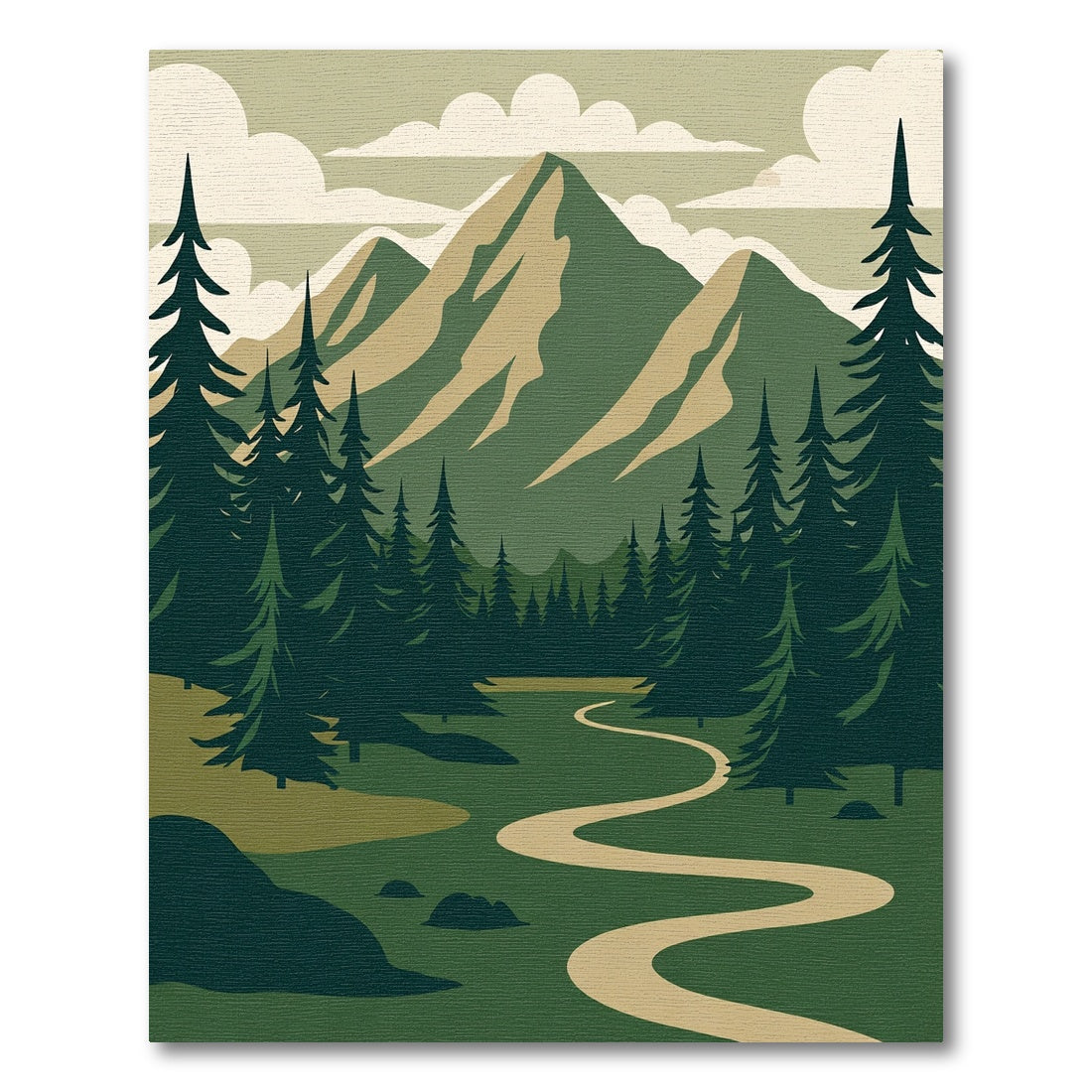 Earthy Green Mountain Forest Path Rug