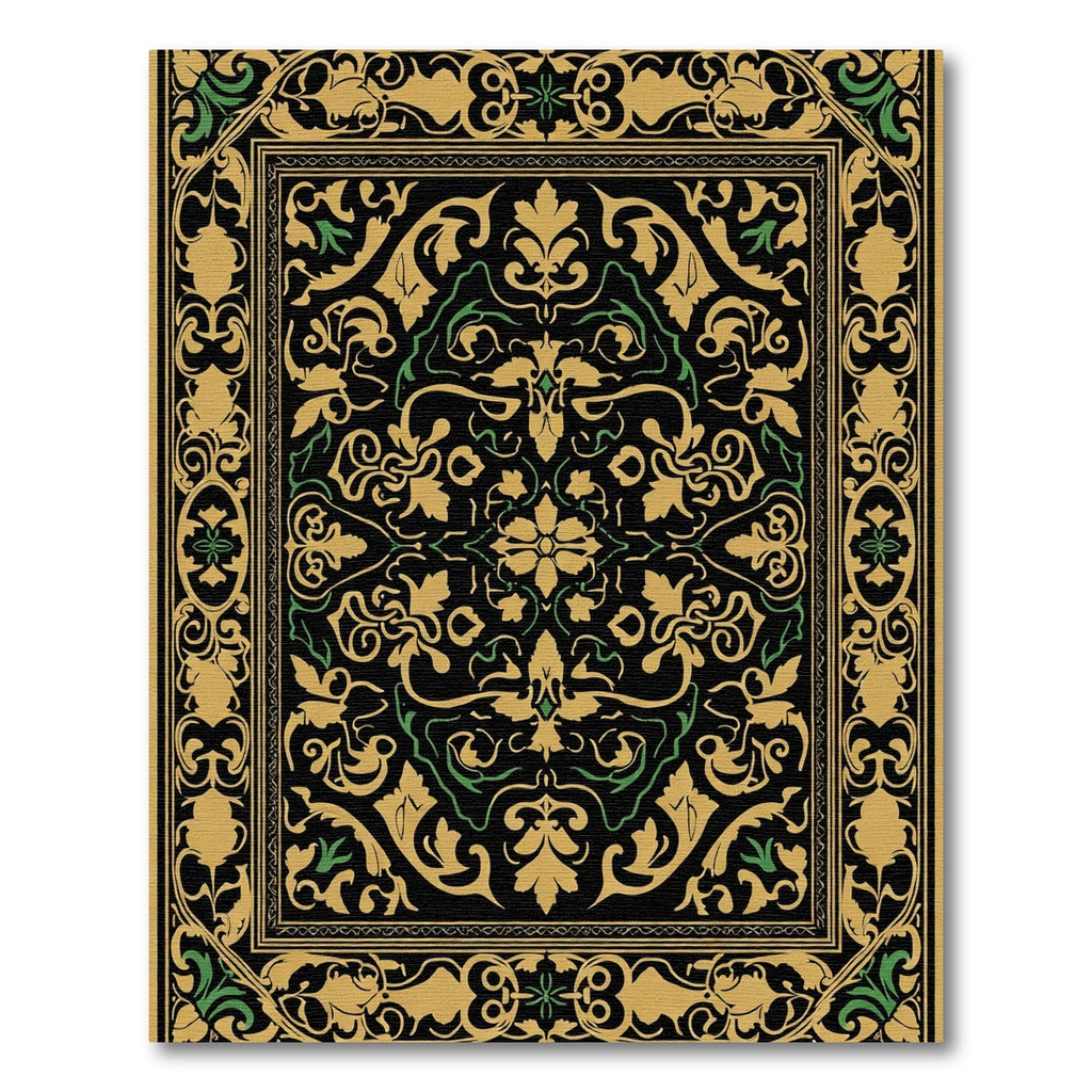 Black Gold Green Floral Vine Scroll Rug