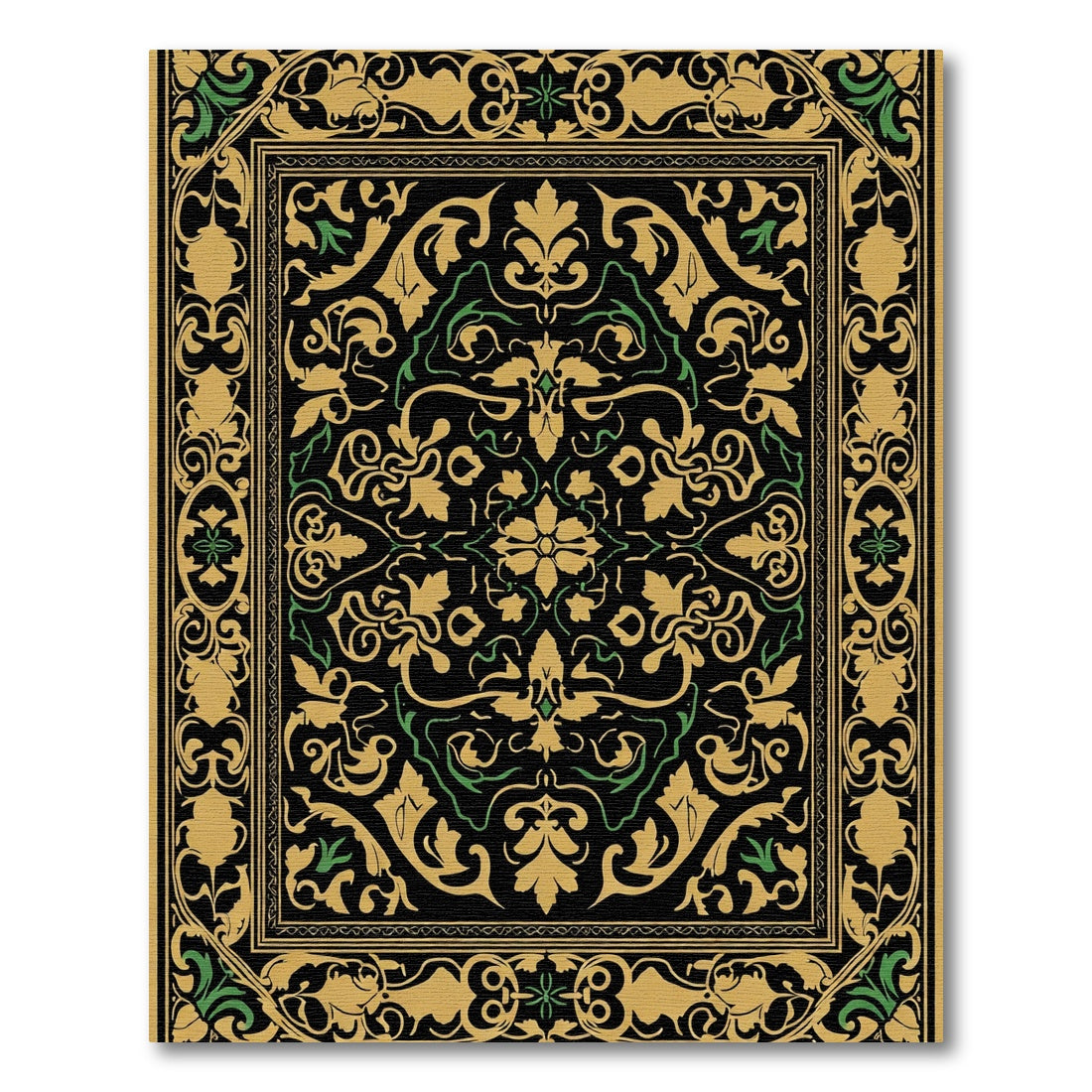 Black Gold Green Floral Vine Scroll Rug