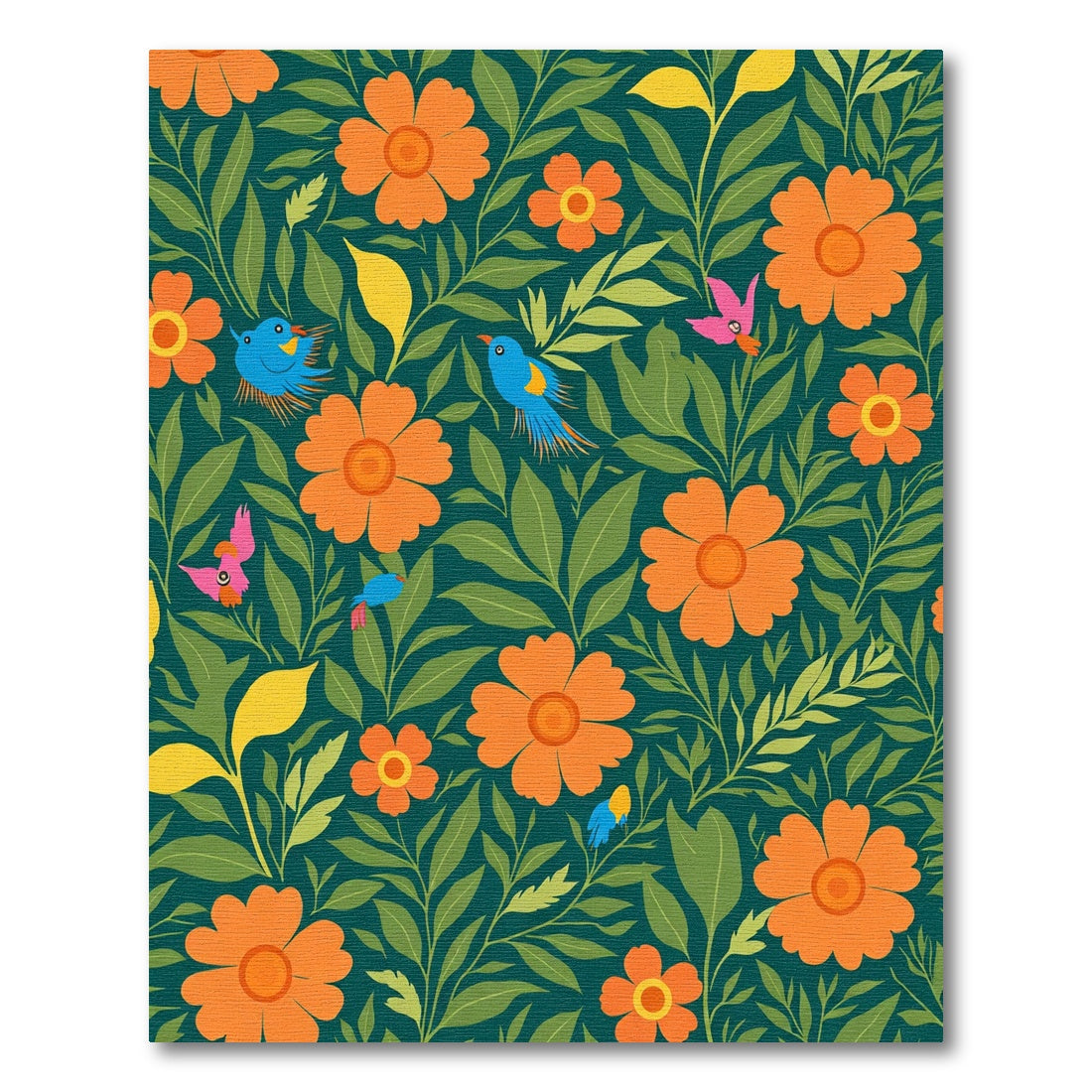 Whimsical Orange Floral Birds Garden Rug