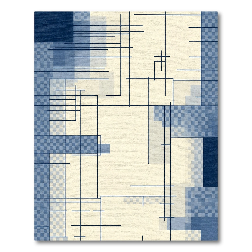 Modern Blue Geometric Grid Lines Rug