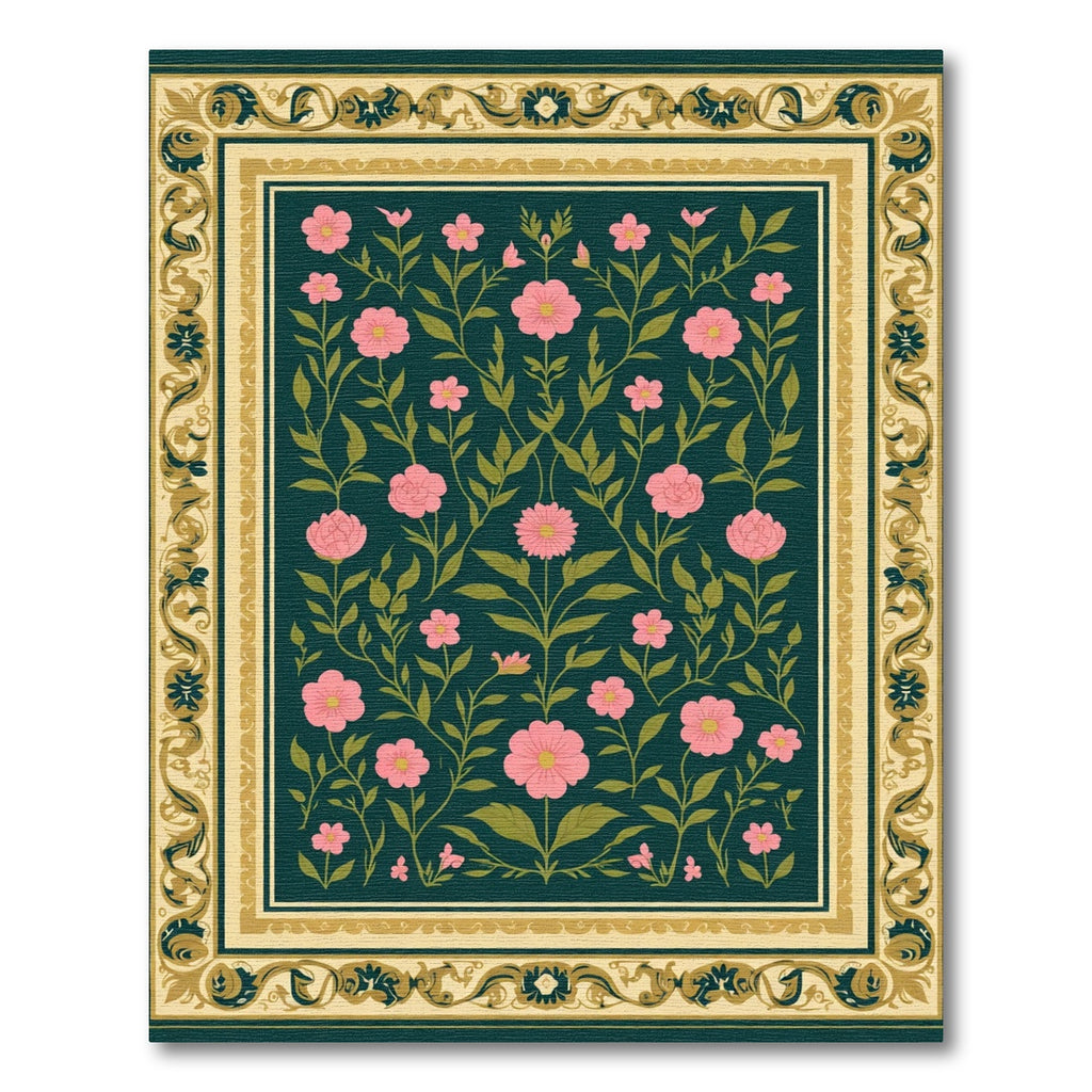 Pink Blossom Botanical Scroll Border Rug
