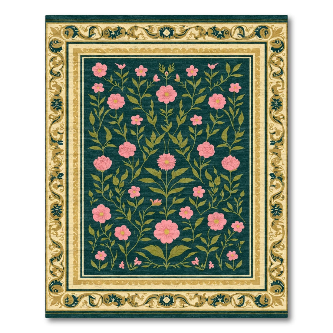 Pink Blossom Botanical Scroll Border Rug