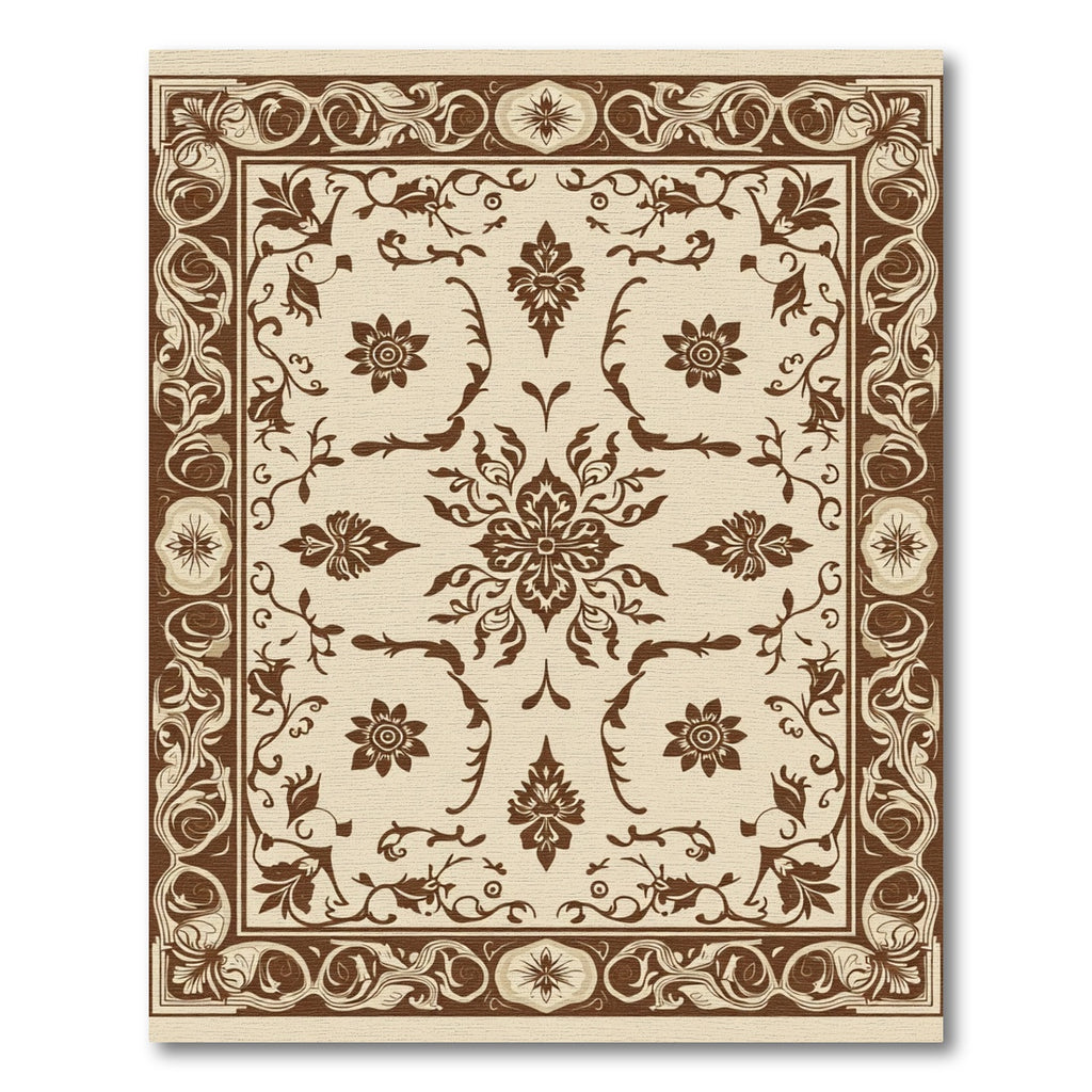 Rich Brown Floral Scrollwork Frame Rug