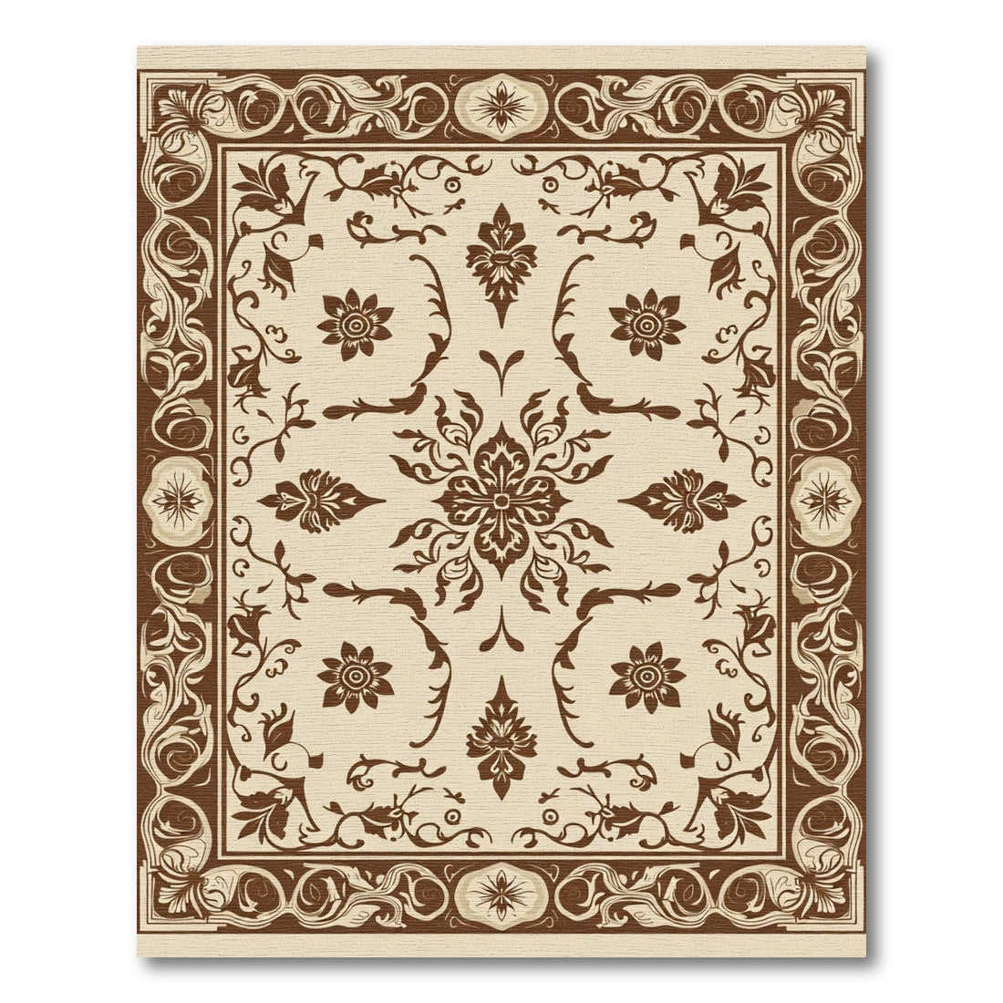 Rich Brown Floral Scrollwork Frame Rug