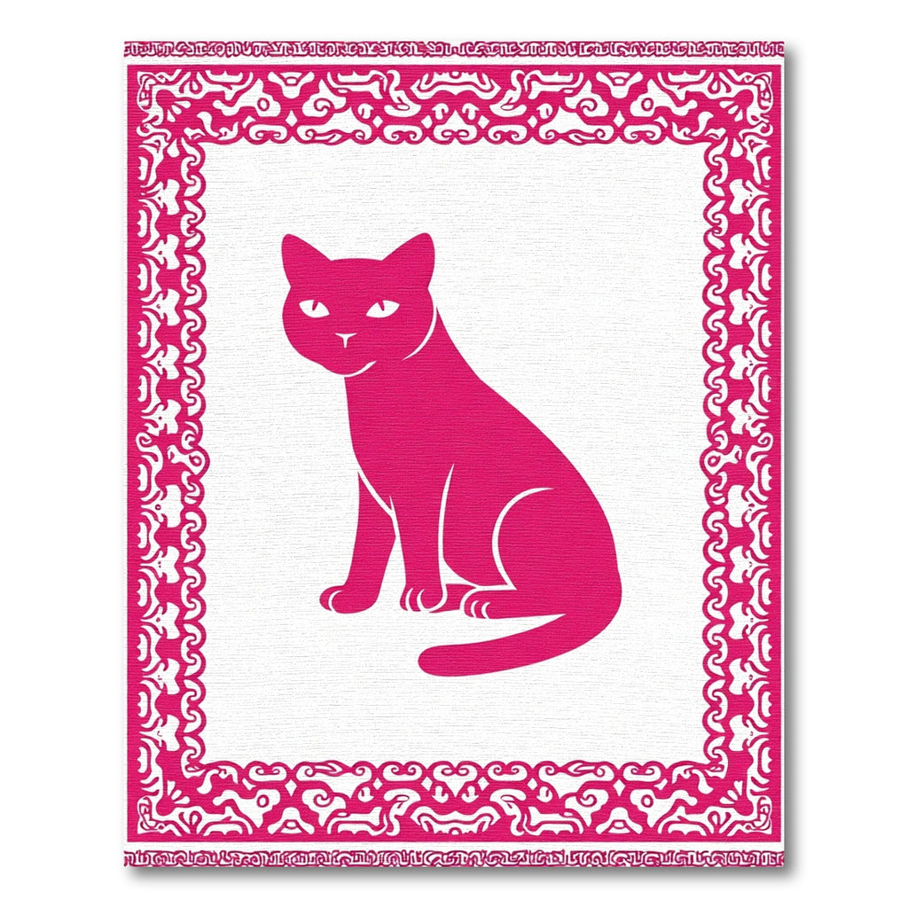 Pink Sitting Cat Ornate Border Rug