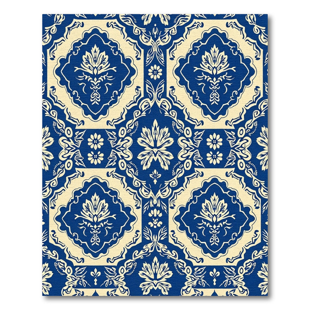 Blue Cream Damask Floral Medallion Rug
