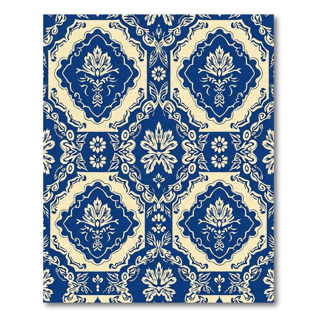 Blue Cream Damask Floral Medallion Rug