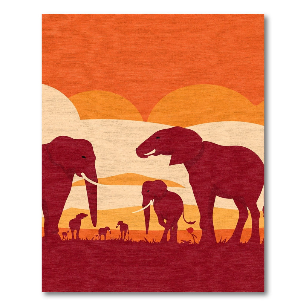 Crimson Elephants Sunset Savannah Landscape Rug
