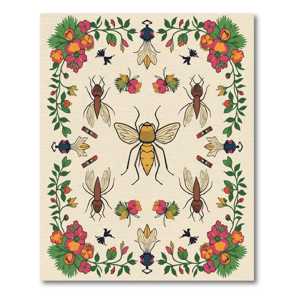 Vibrant Floral Insect Medallion Cream Rug