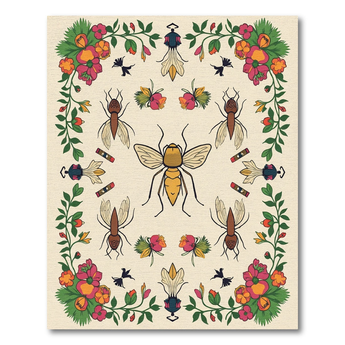 Vibrant Floral Insect Medallion Cream Rug
