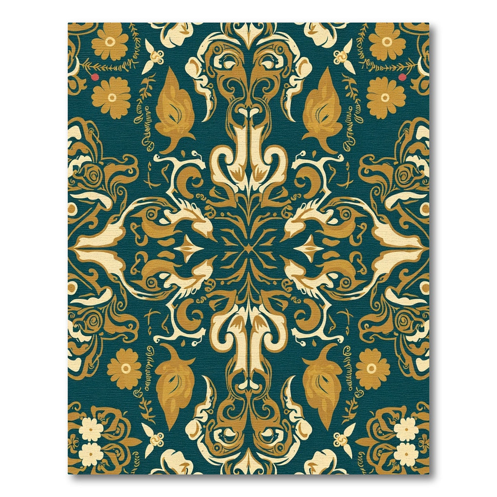 Teal Gold Floral Medallion Symmetry Rug