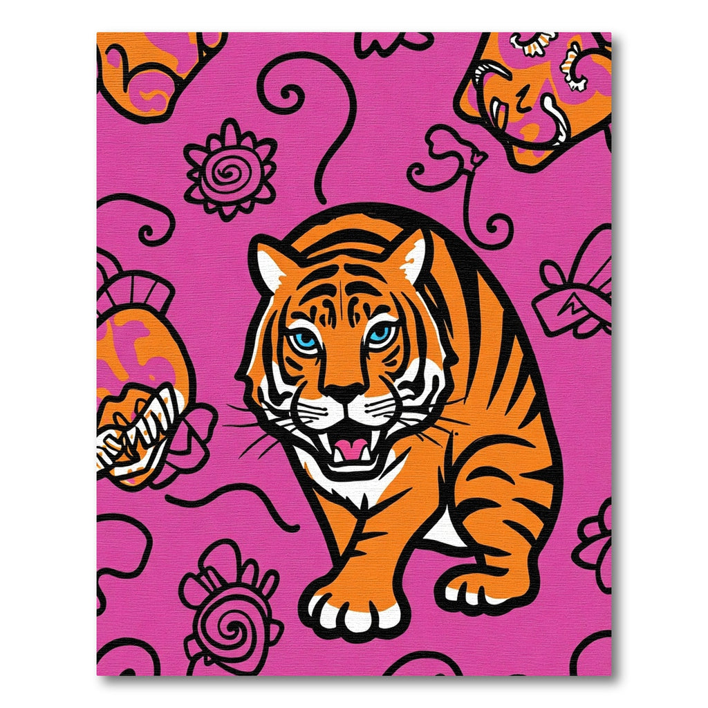 Bold Orange Tiger Pink Floral Swirls Rug
