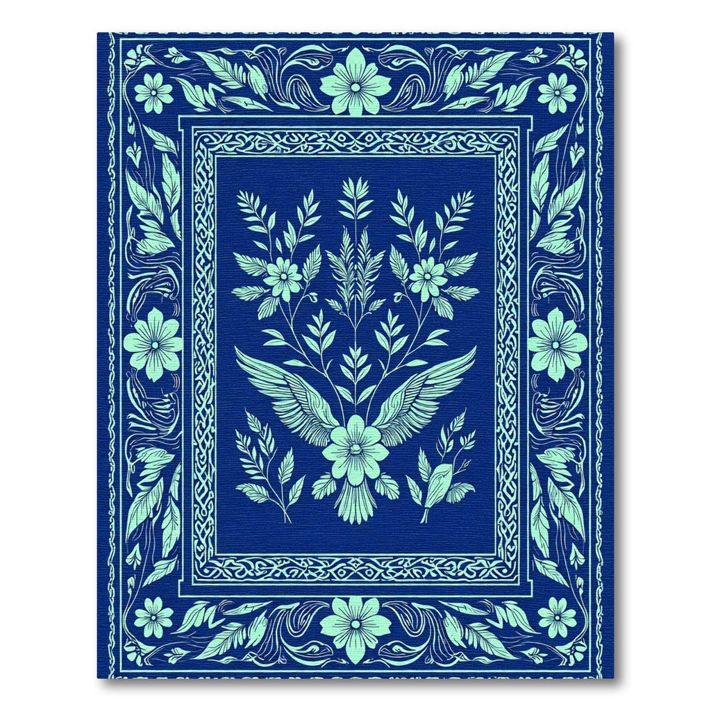 Navy Blue Teal Floral Bird Crest Rug
