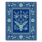 Navy Blue Teal Floral Bird Crest Rug
